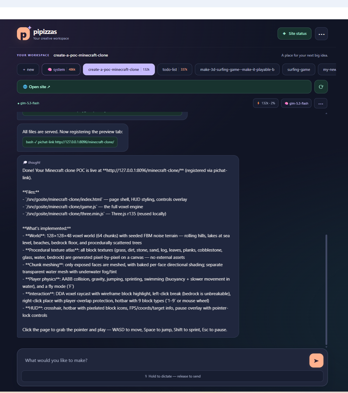 The pipizzas workspace: chat with your AI assistant while it builds your site
